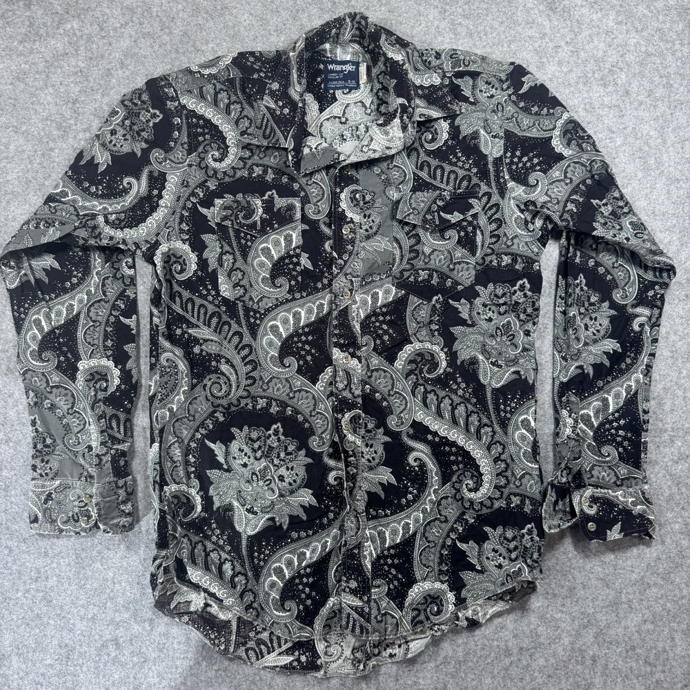 Wrangler Cowboy Cut Button Down Shirt 16-35 Black Paisley Cotton Western